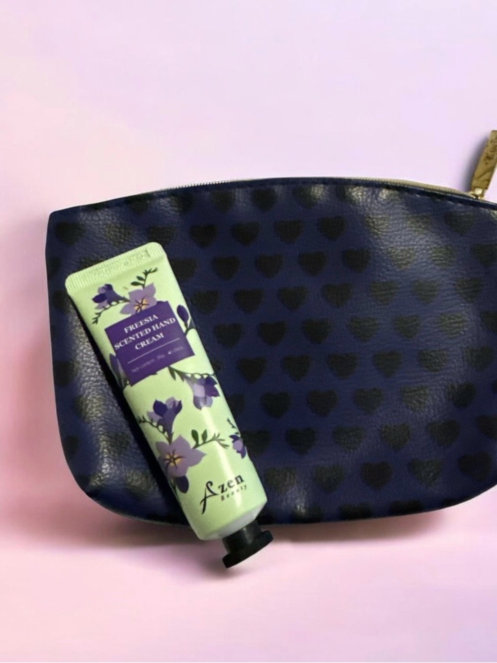 Navy Heart Print Cosmetic Pouch with Lavender Hand Cream